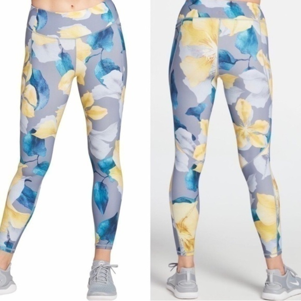 Calia Energize Floral Print Leggings Yellow Gray blue Eastern Fleur Pearl Small